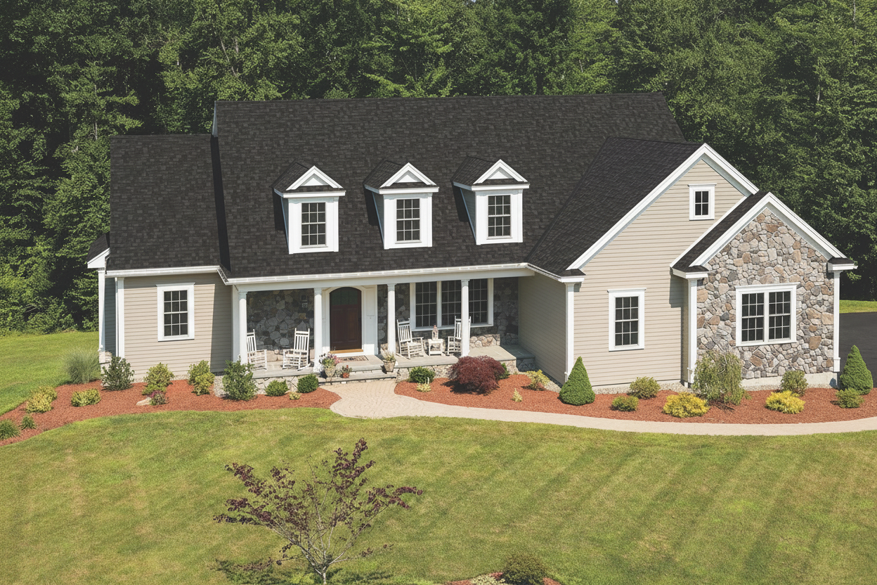 Beige house with Black roof using Cambridge Dual Black