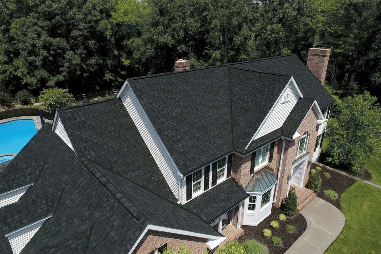 Blue house with Black roof using Dynasty Granite Black