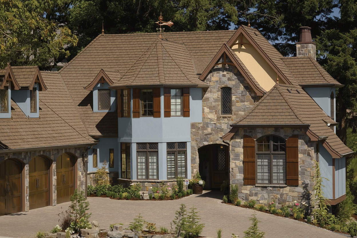 Blue house with Brown roof using Grand Manor Brownstone