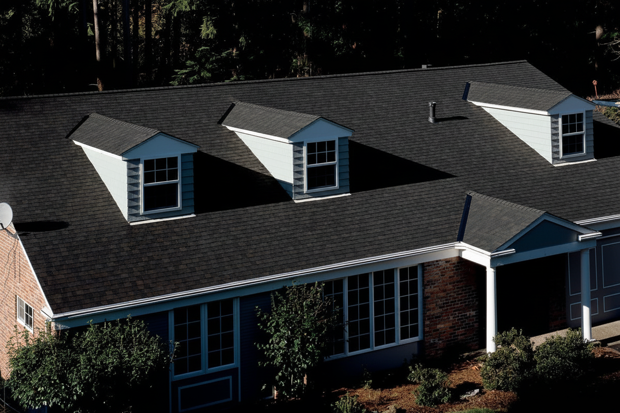 Blue house with Brown roof using Landmark Black Walnut