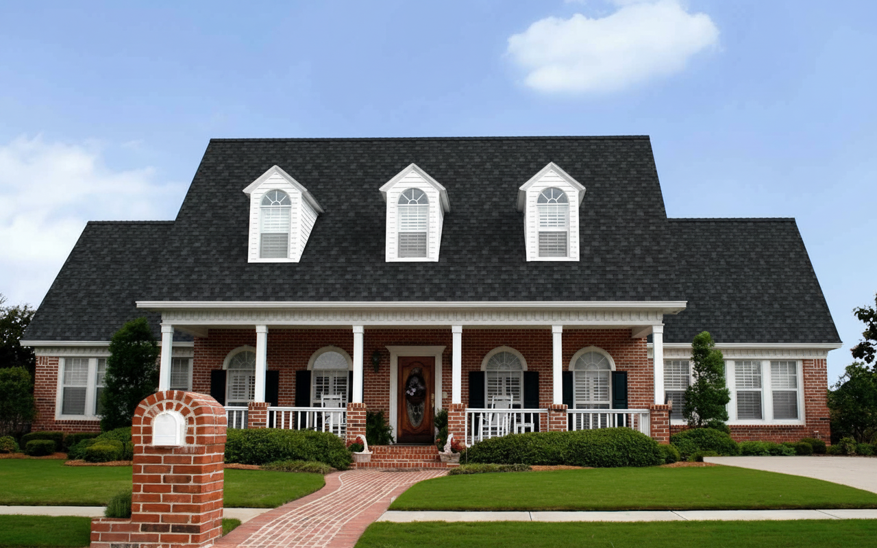 Brick Red house with Black roof using Duration Onyx Black