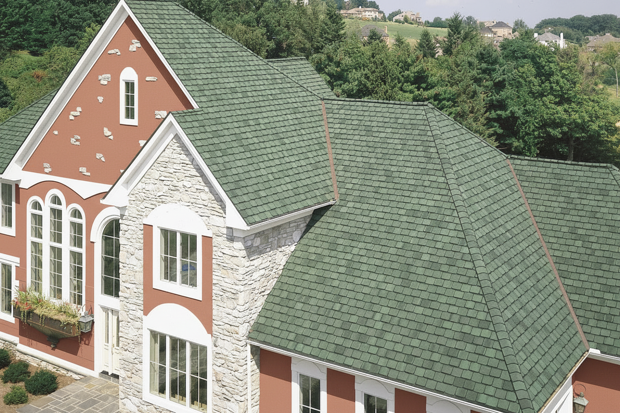 Brick Red house with Charcoal roof using Grand Manor Sherwood Forest