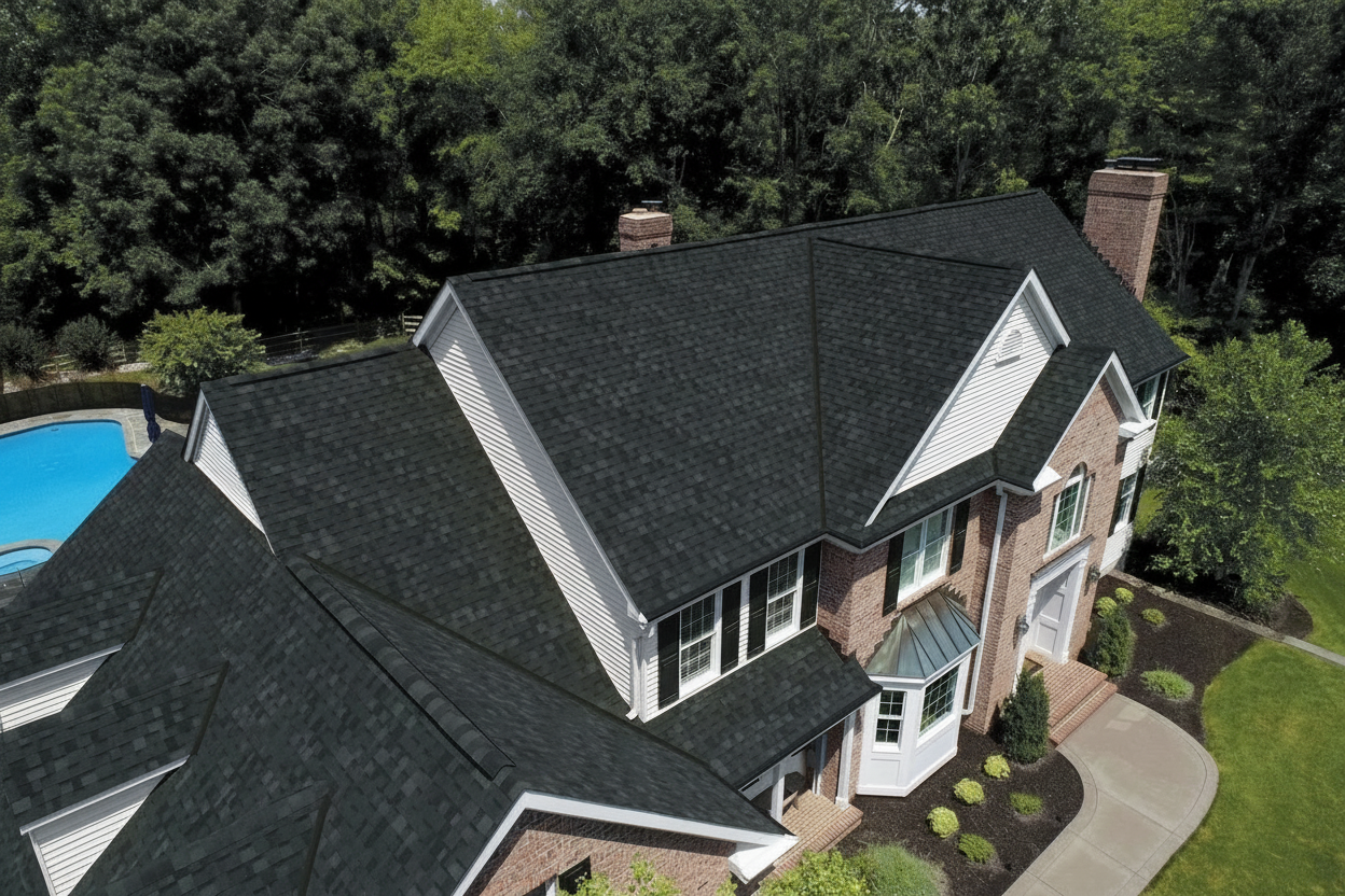 Brown house with Black roof using Dynasty Granite Black