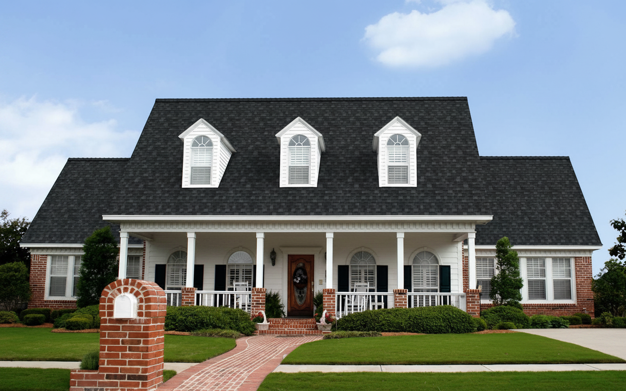 Cream house with Black roof using Duration Onyx Black