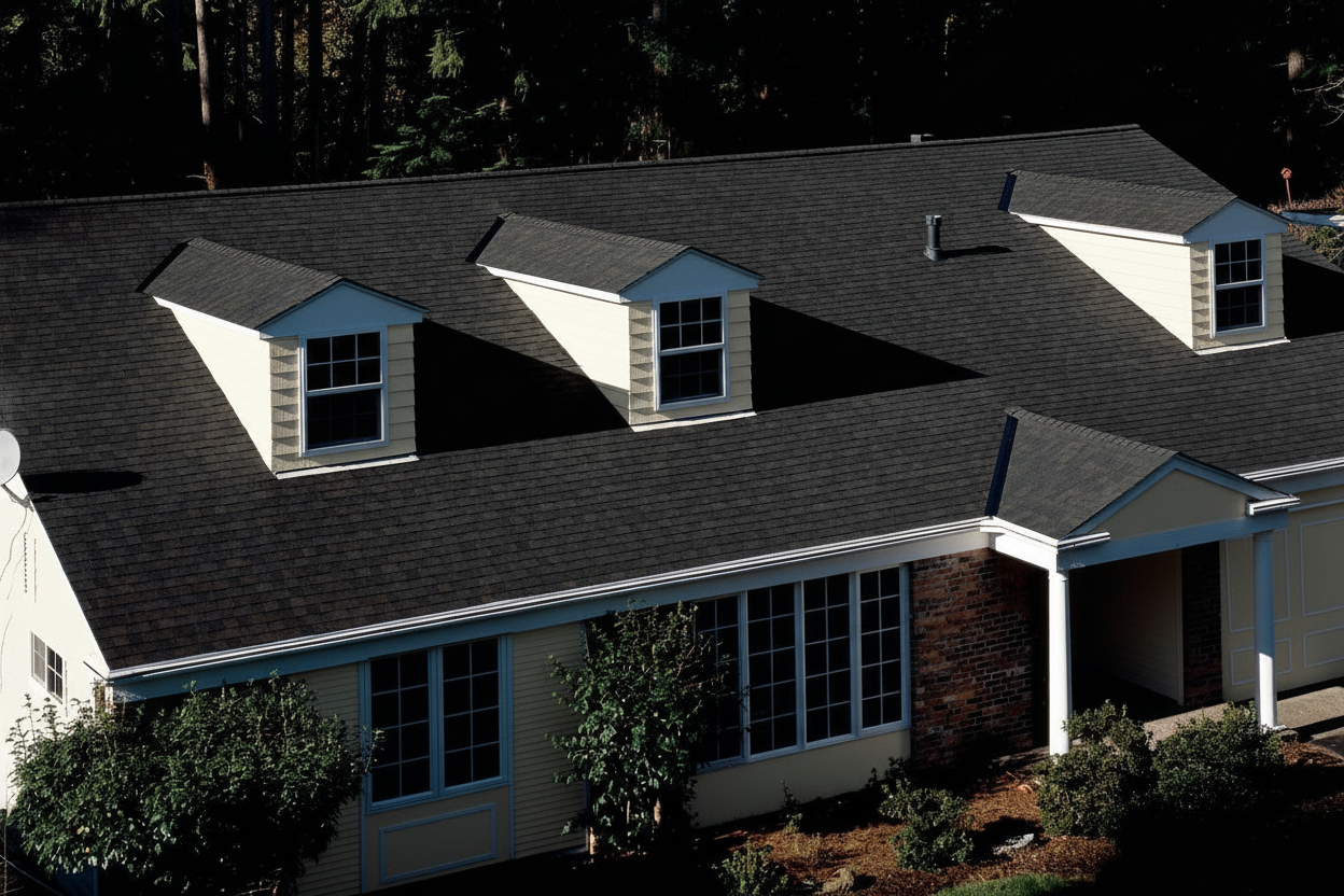 Cream house with Brown roof using Landmark Black Walnut