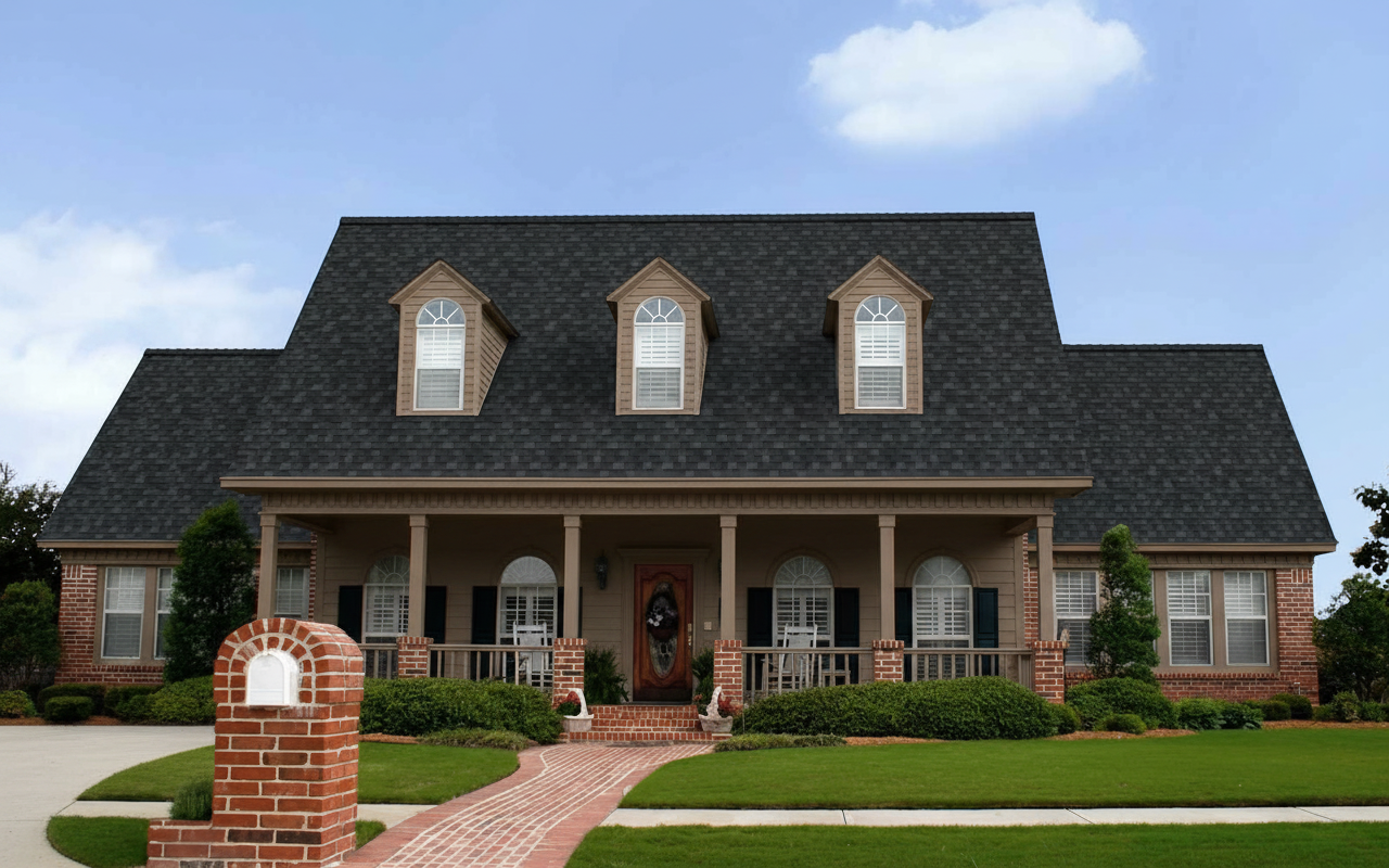 Dark Brown house with Black roof using Duration Onyx Black