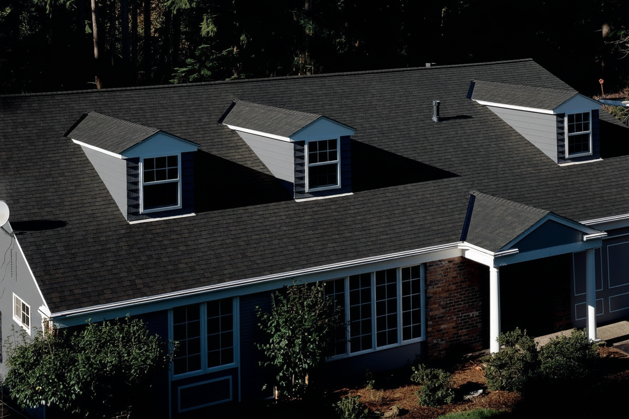 Dark Gray house with Brown roof using Landmark Black Walnut