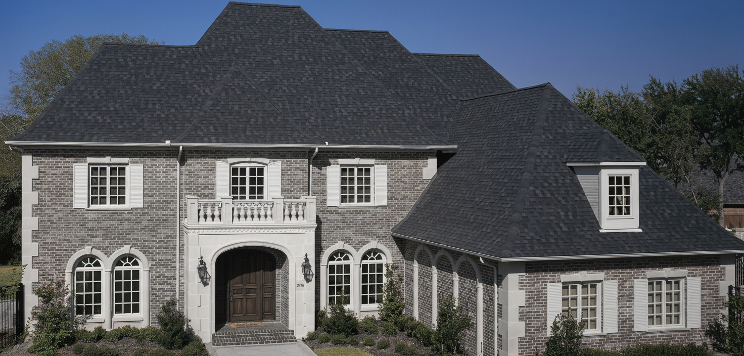Gray house with Black roof using Heritage Rustic Black