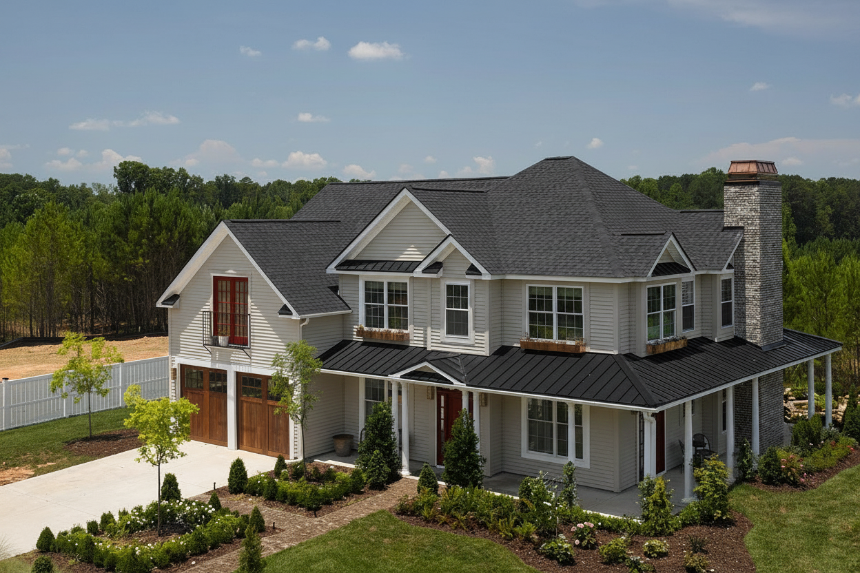 Greige house with Black roof using Landmark Pro Cinder Black