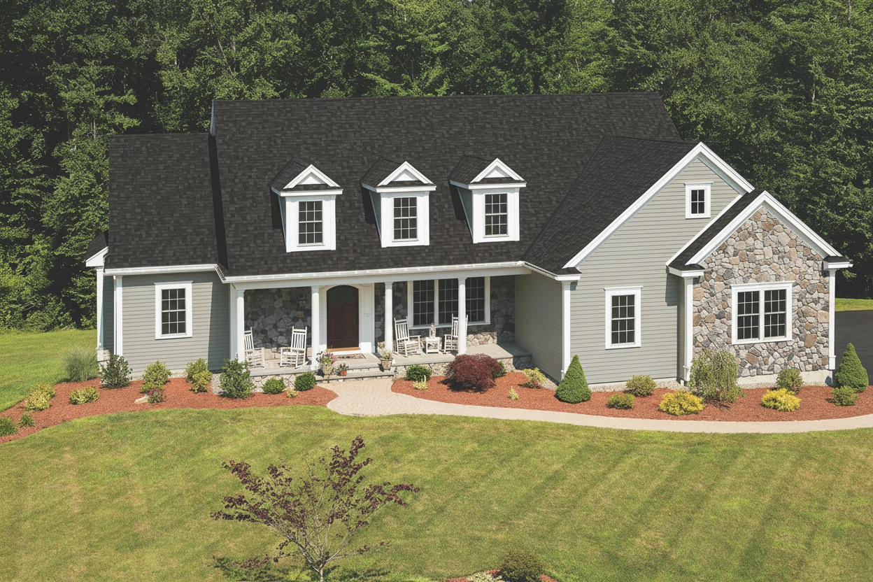 Greige house with Black roof using Cambridge Dual Black