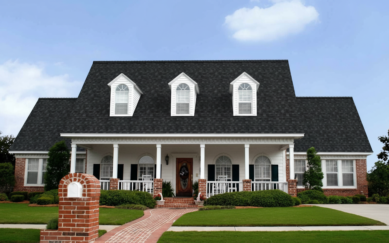Greige house with Black roof using Duration Onyx Black