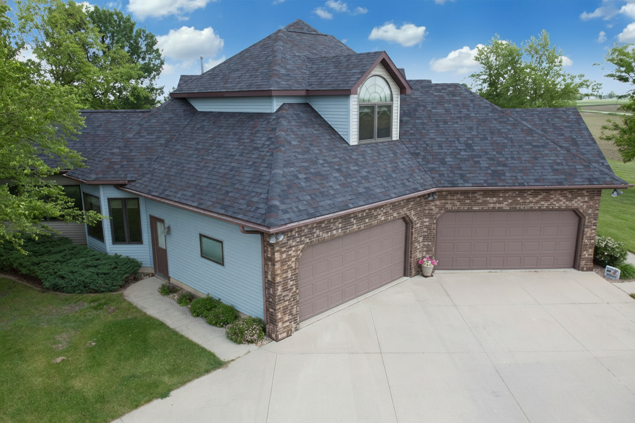 Light Blue house with Charcoal roof using Vista Black Oak