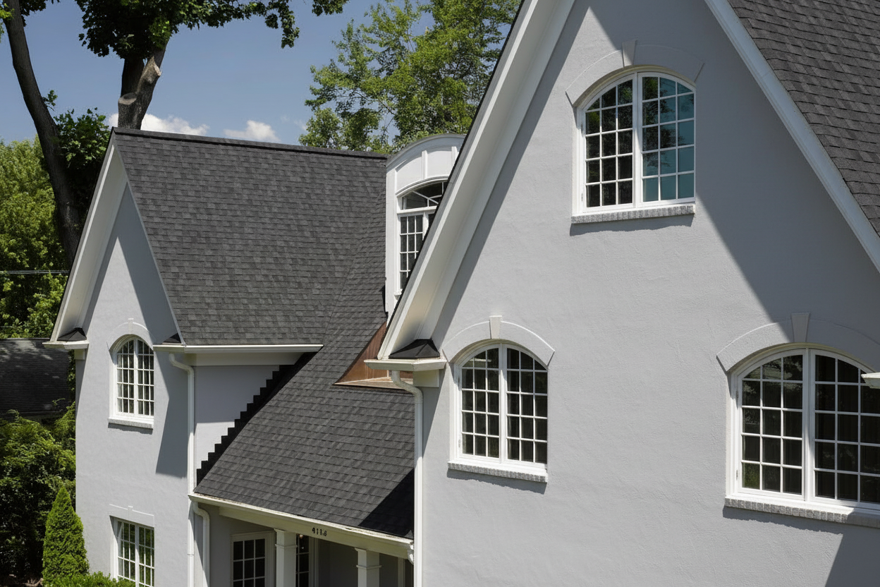 Light Gray house with Black roof