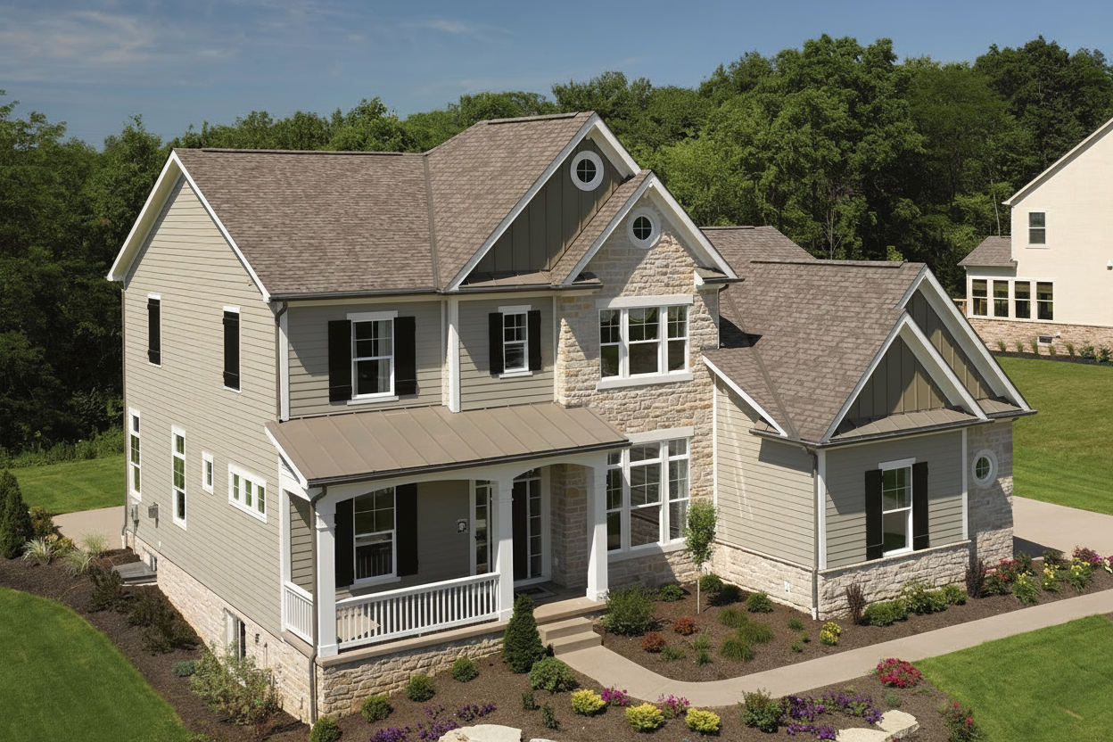 Light Gray house with Weathered Wood roof