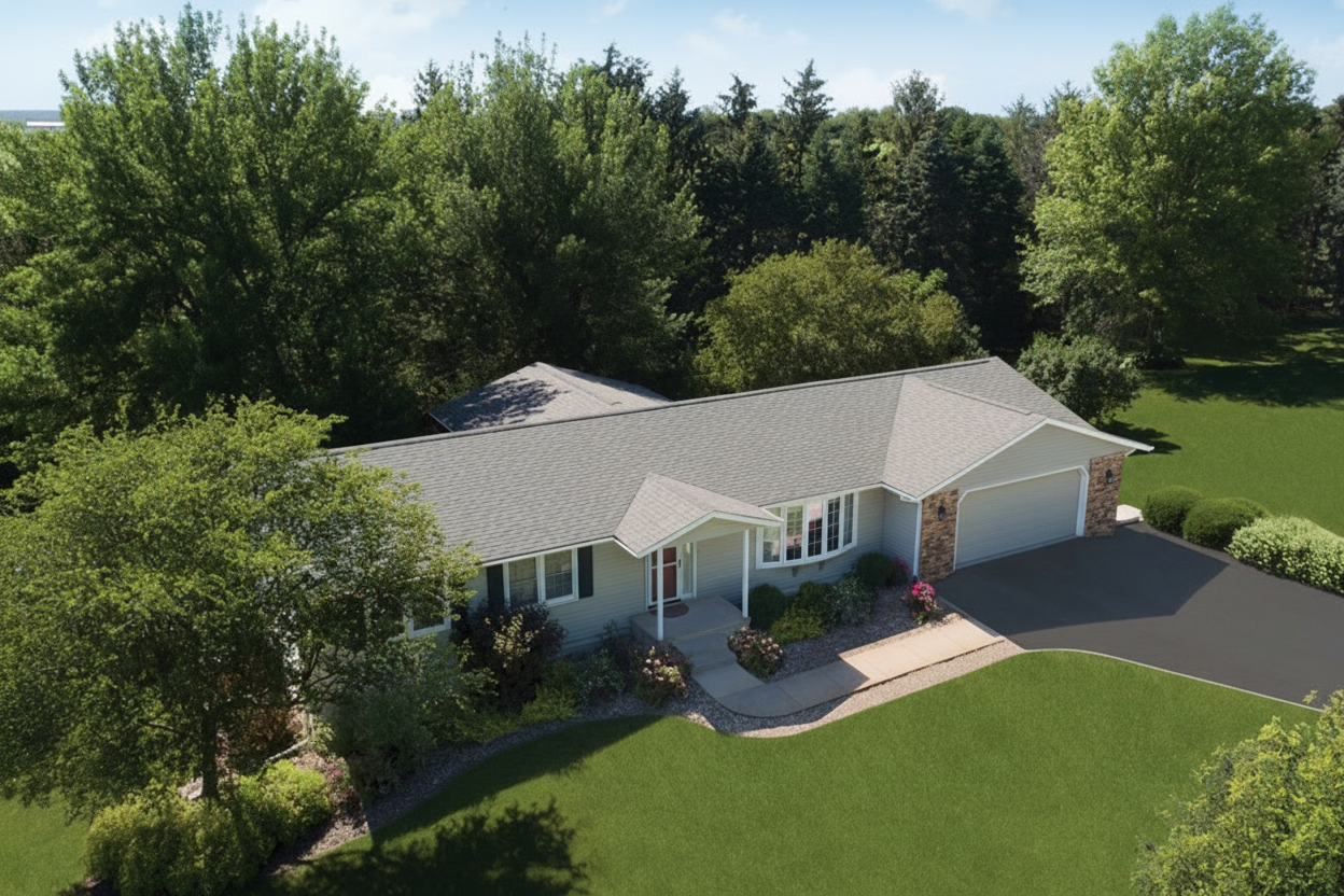 Light Gray house with Weathered Wood roof using Vista Weathered Wood