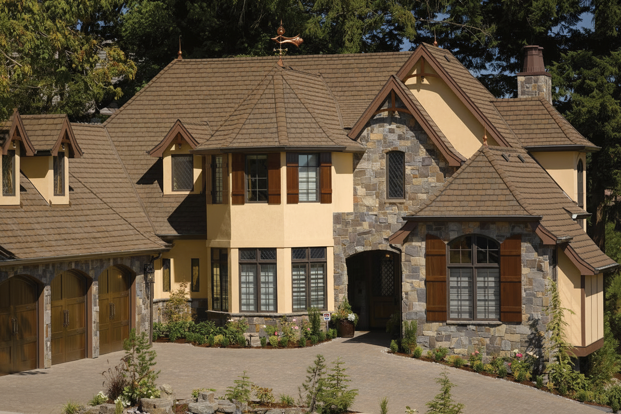Tan house with Brown roof using Grand Manor Brownstone