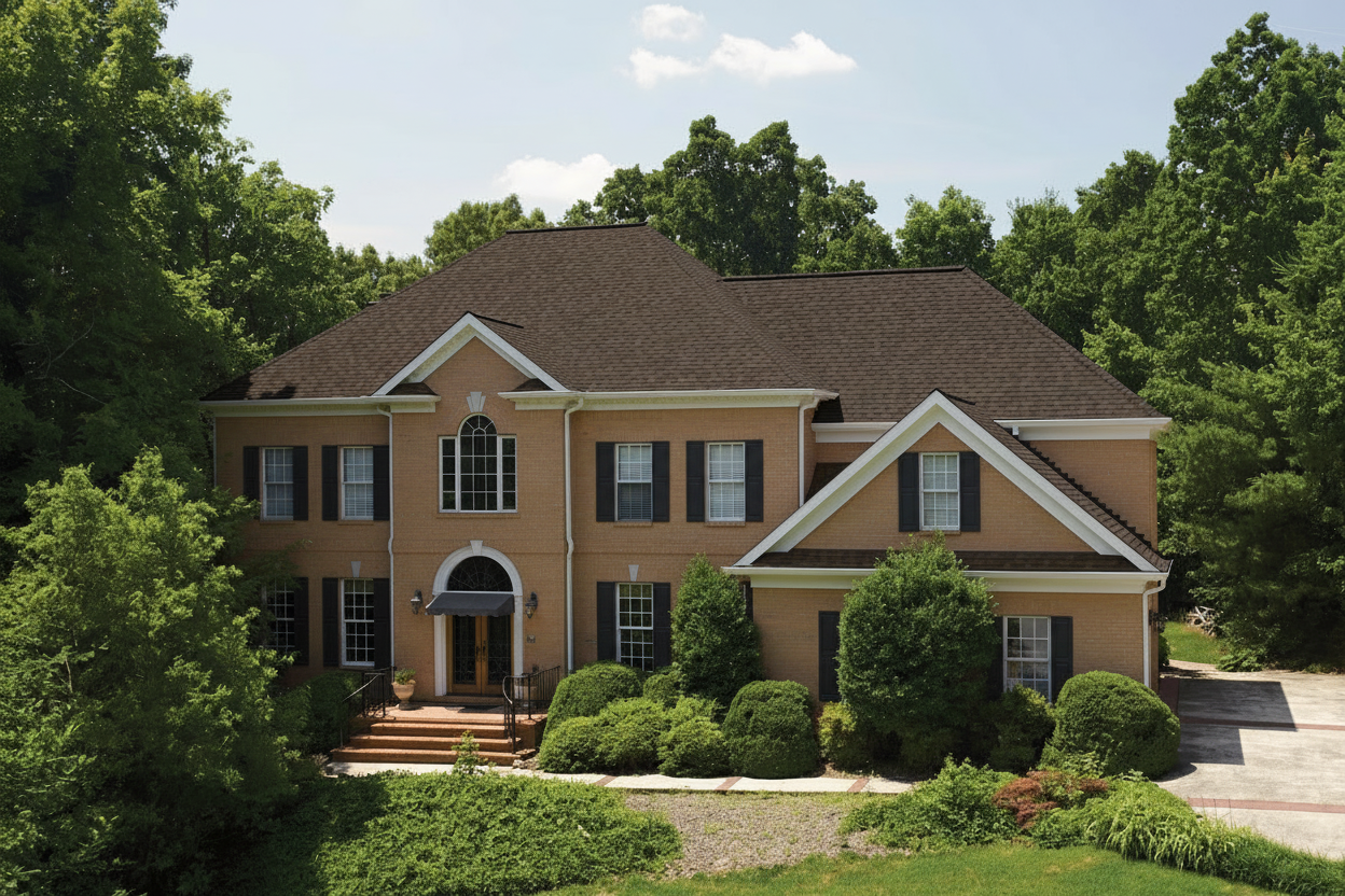 Tan house with Brown roof using Landmark Pro Max Def Heather Blend