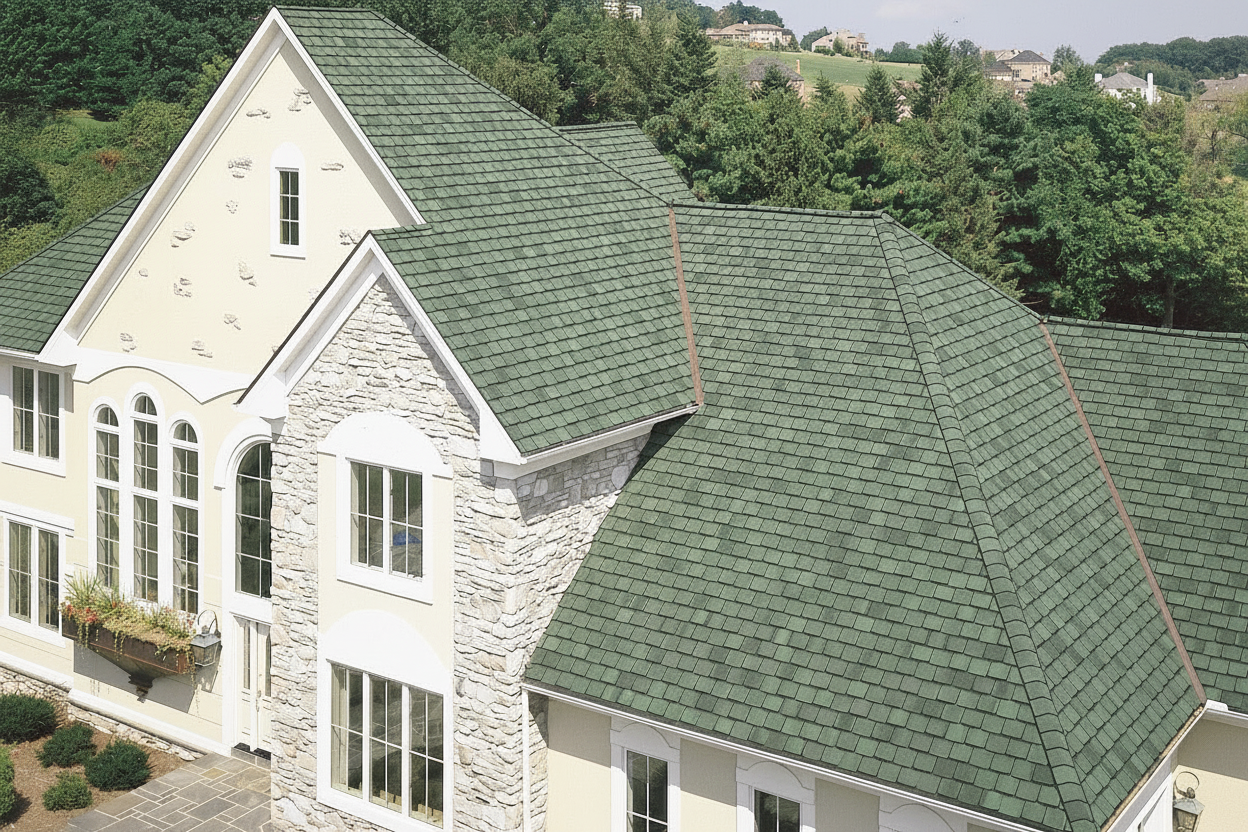 Tan house with Charcoal roof using Grand Manor Sherwood Forest
