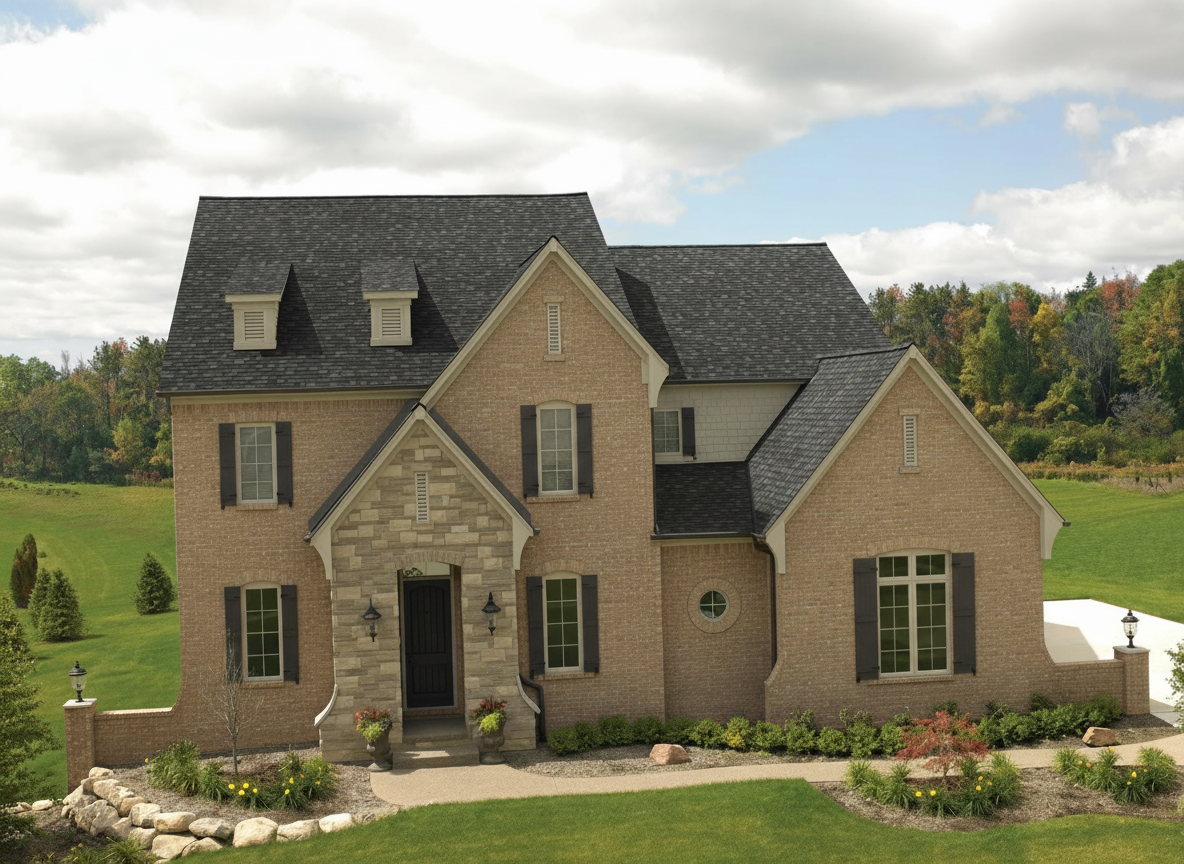 Tan house with Charcoal roof using Cambridge Harvard Slate