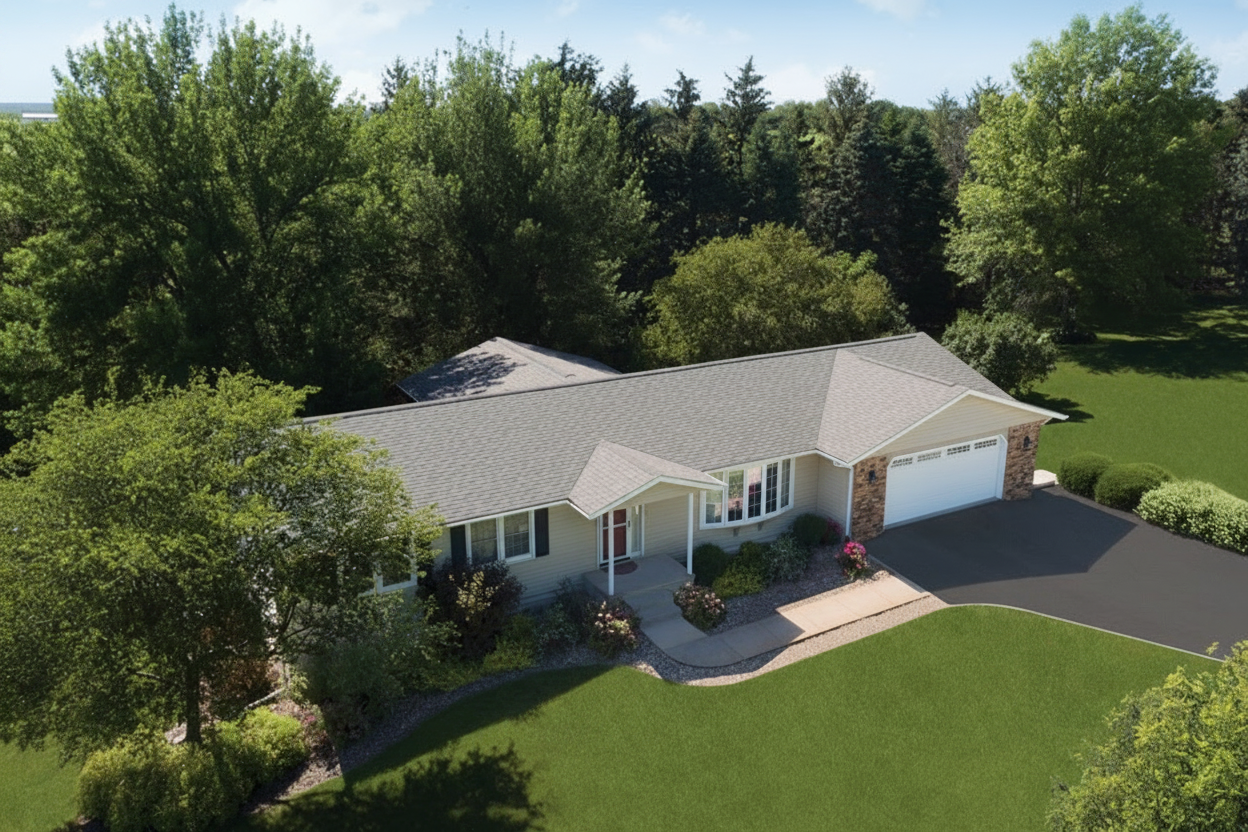 Tan house with Weathered Wood roof using Vista Weathered Wood