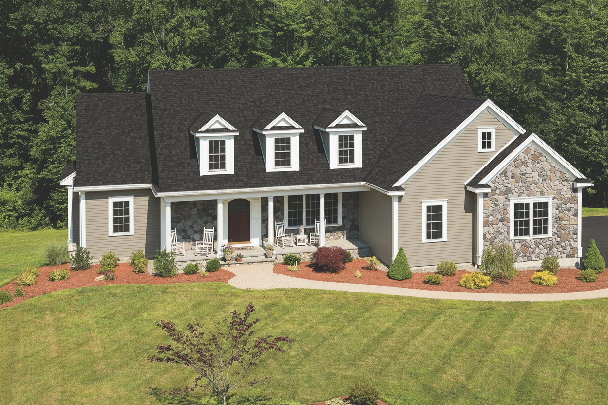 Taupe house with Black roof using Cambridge Dual Black