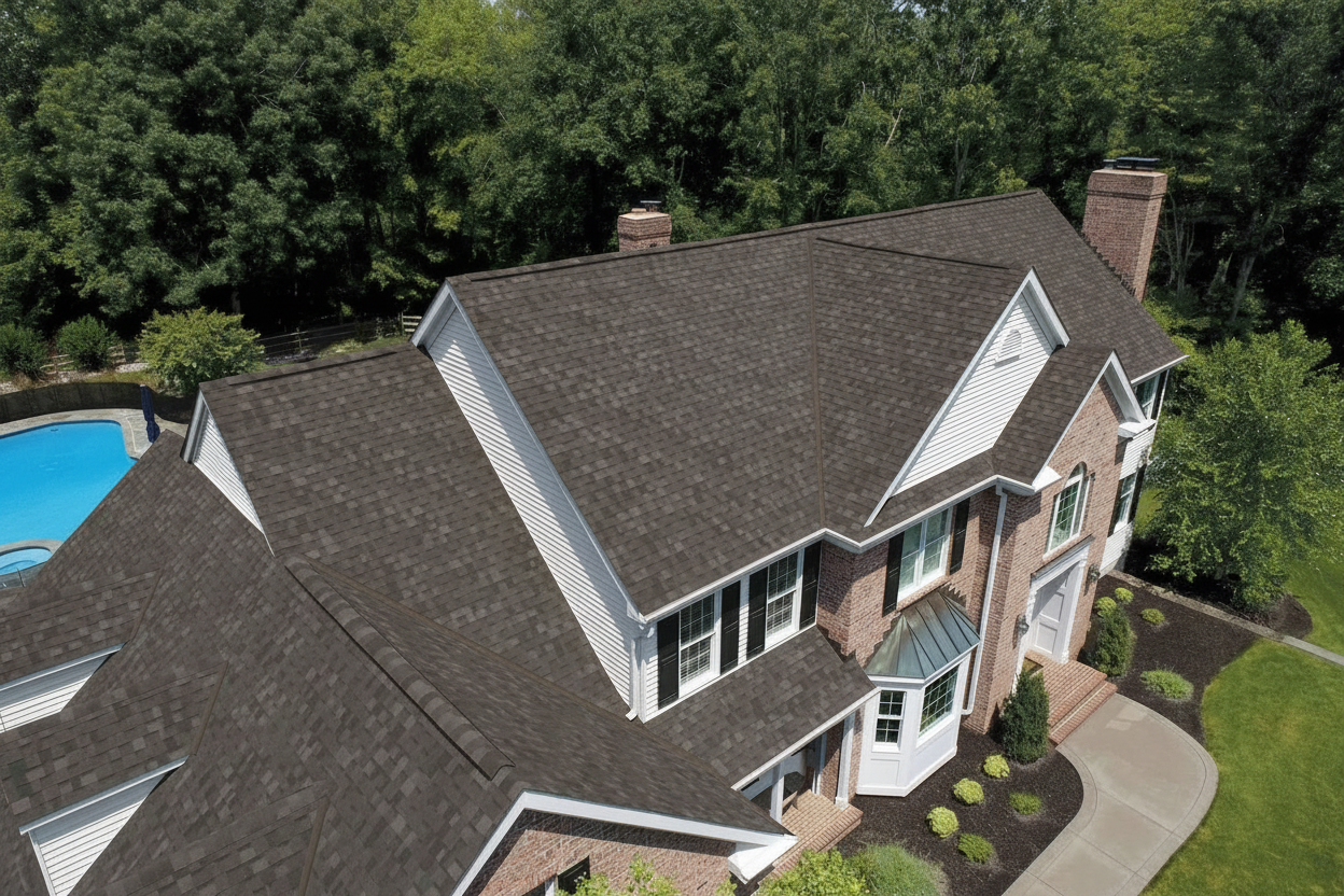 Taupe house with Black roof using Dynasty Granite Black