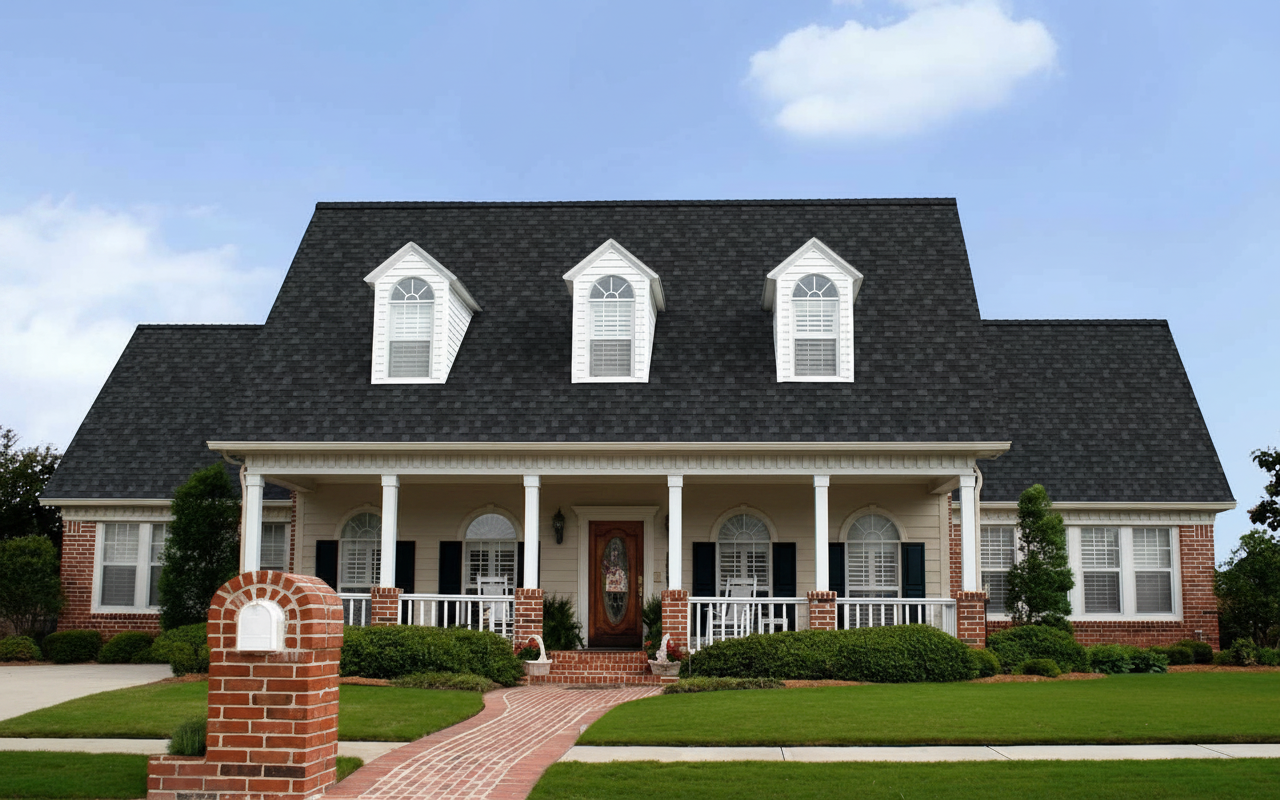 Taupe house with Black roof using Duration Onyx Black
