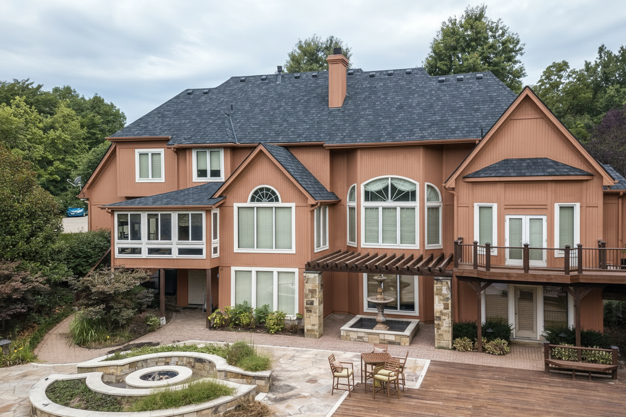 Terracotta house with Charcoal roof using Belmont Black Granite