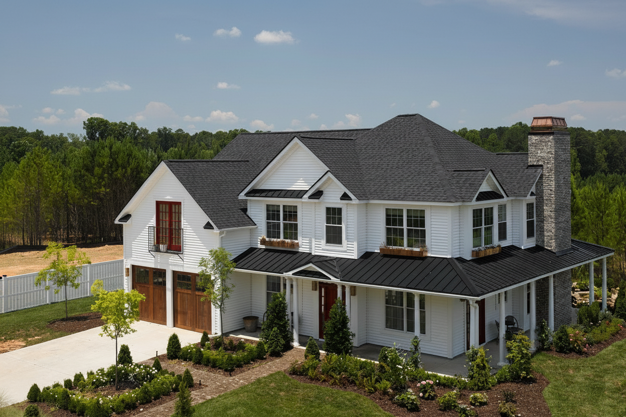 White house with Black roof using Landmark Pro Cinder Black