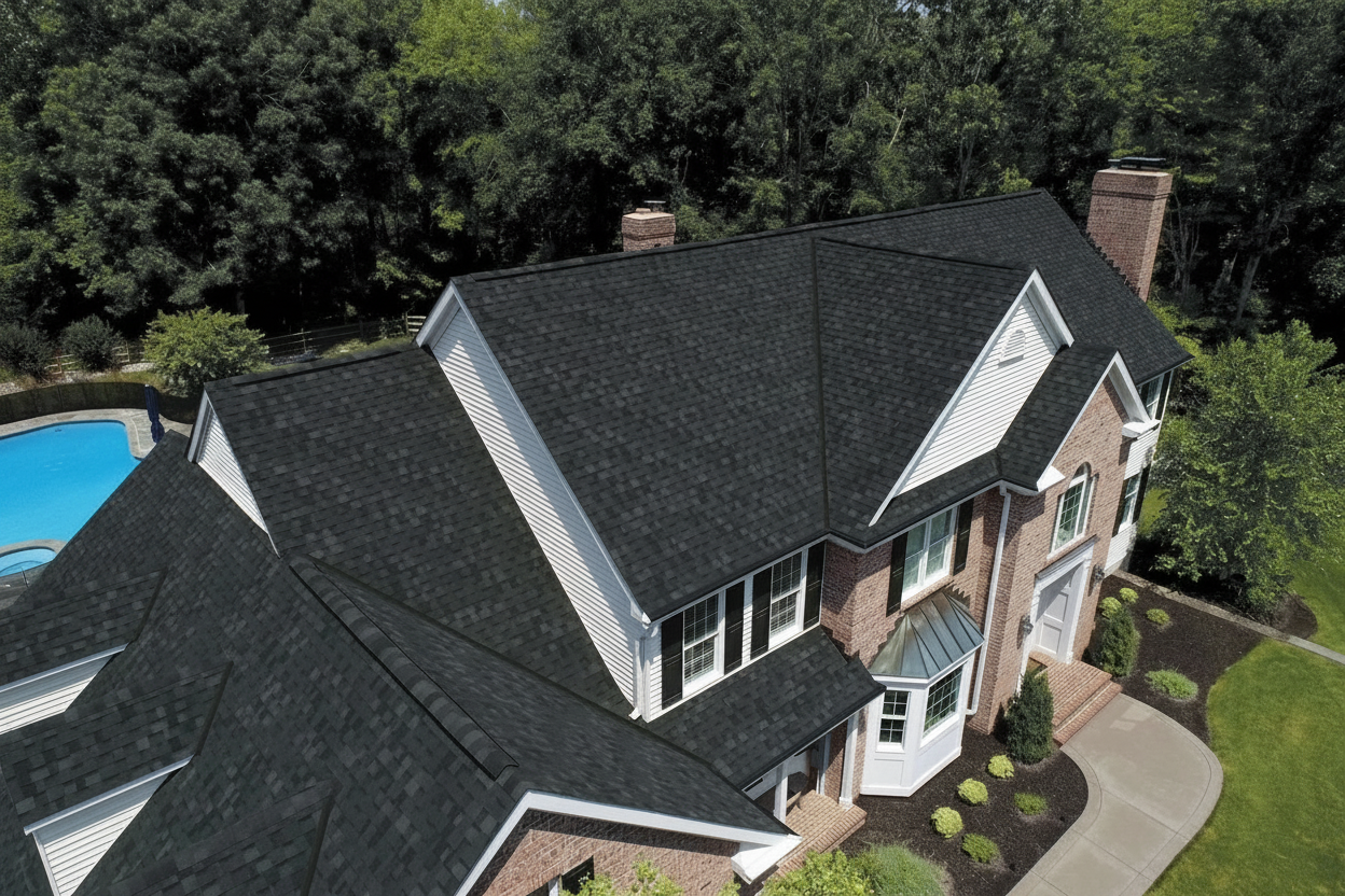 White house with Black roof using Dynasty Granite Black