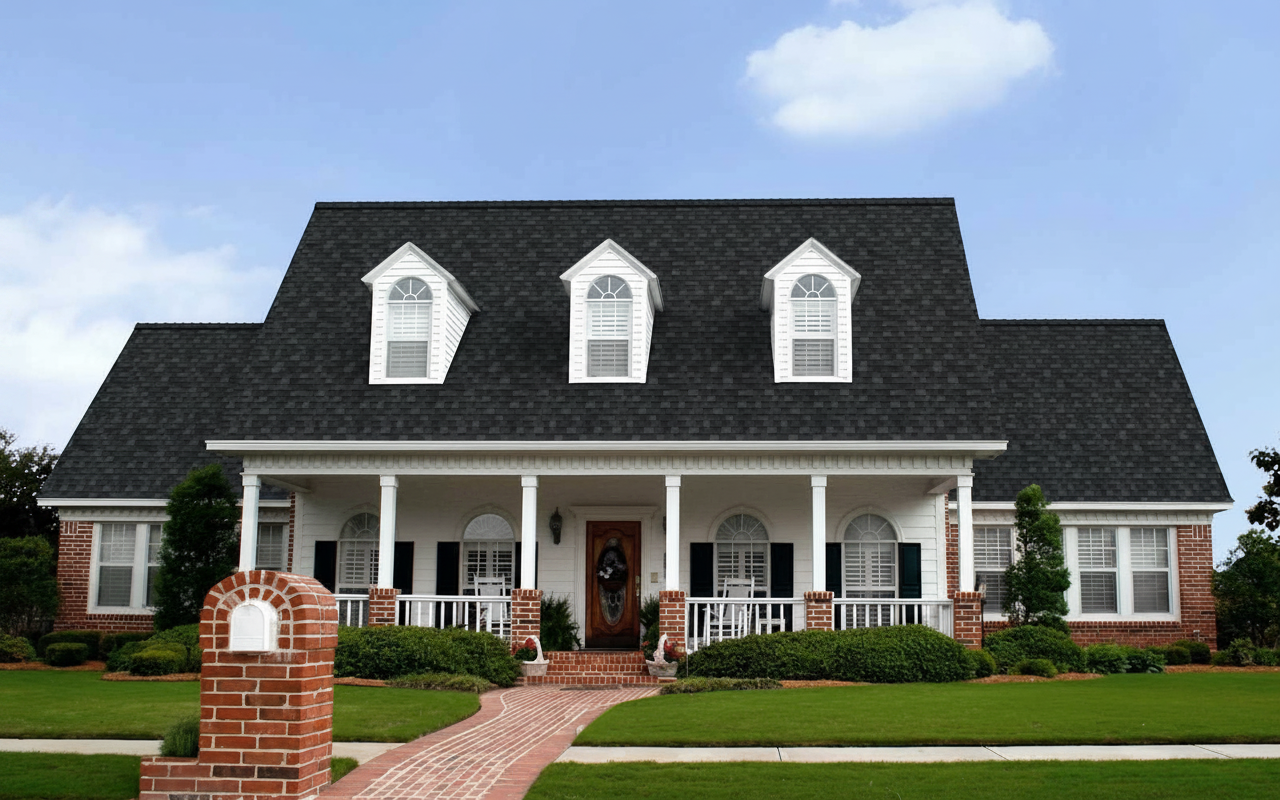 White house with Black roof using Duration Onyx Black