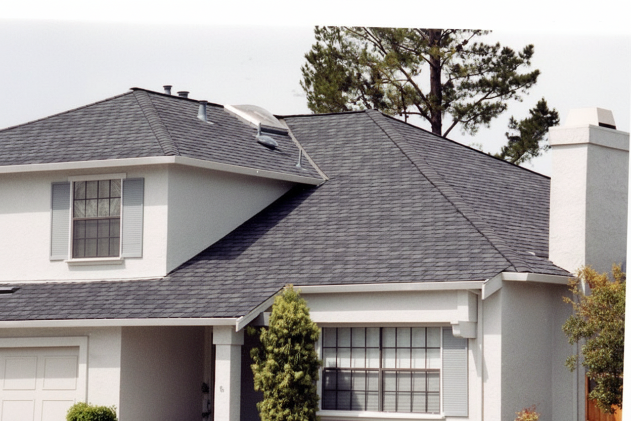 White house with Charcoal roof using Grand Manor Black Pearl