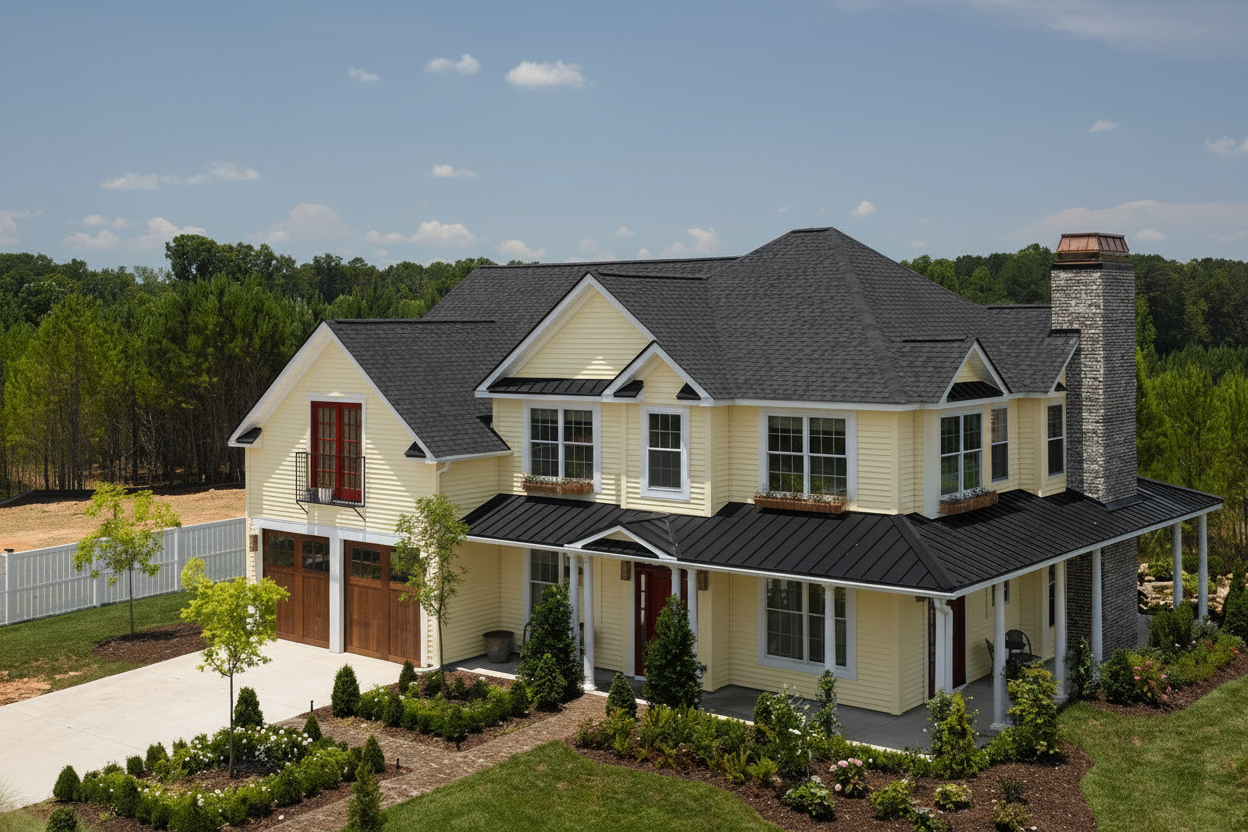 Yellow house with Black roof using Landmark Pro Cinder Black