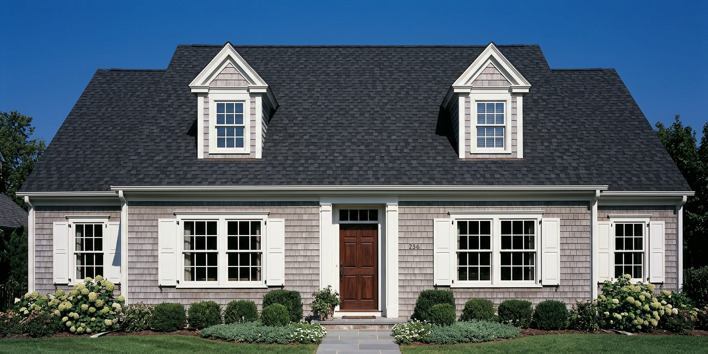 Cape Cod home with Black roof -- TAMKO Heritage Rustic Black (front)
