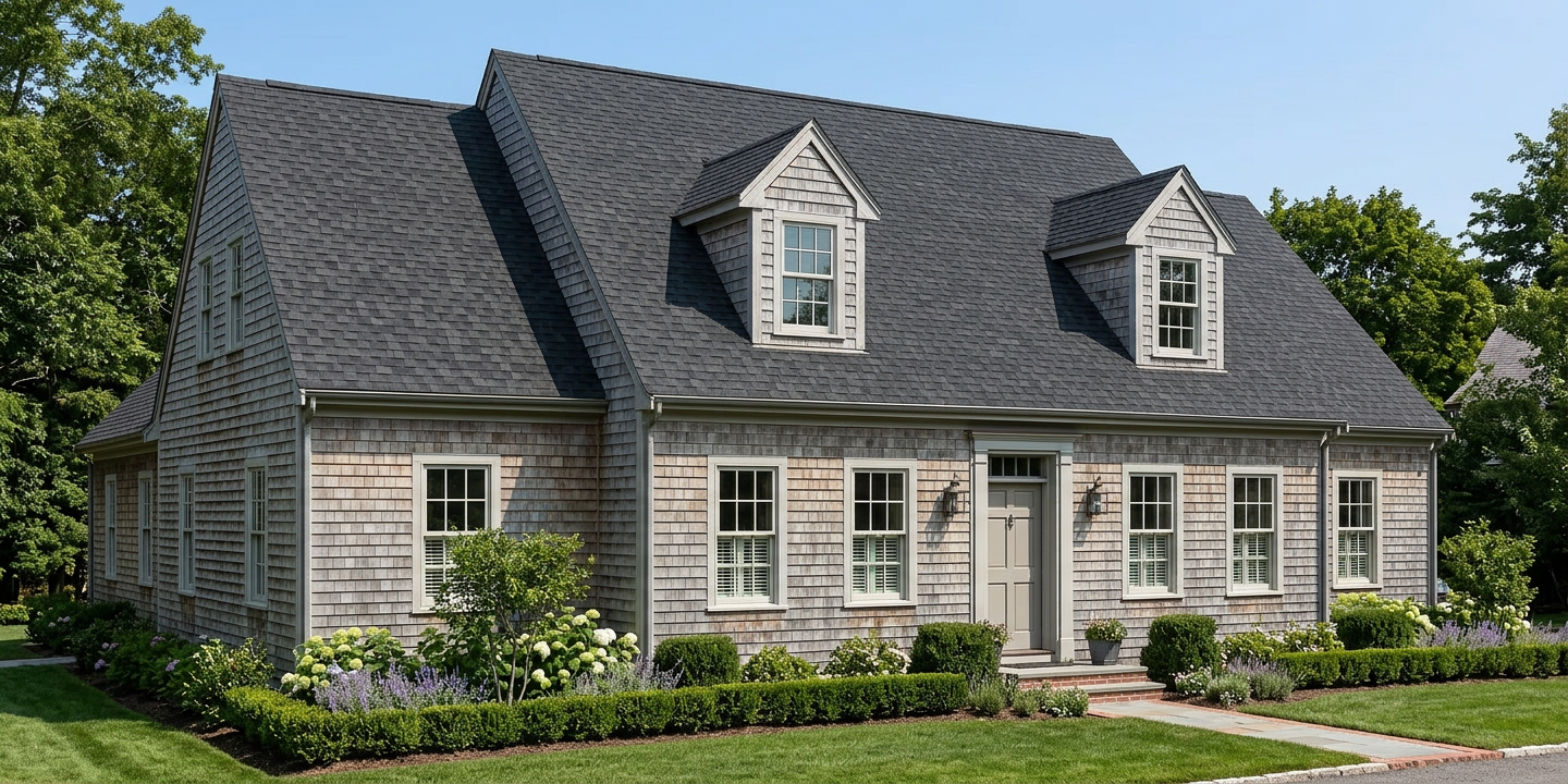 Cape Cod home with Black roof -- TAMKO Heritage Rustic Black (left-34)