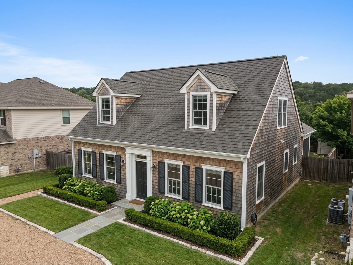 Cape Cod home with Weathered Wood roof -- Owens Corning Oakridge Driftwood (right-34)