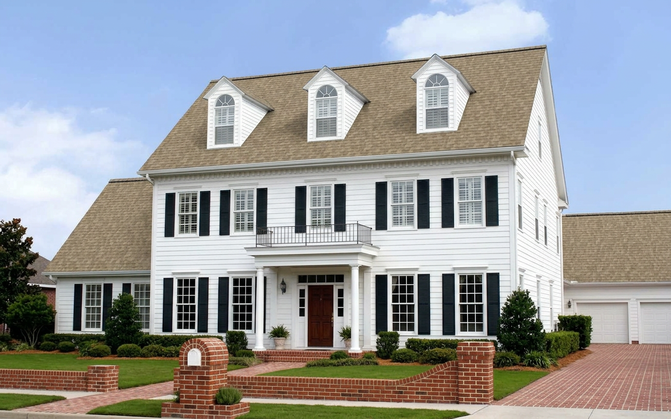 Colonial home with Brown roof -- Owens Corning Duration Sand Castle (right-34)