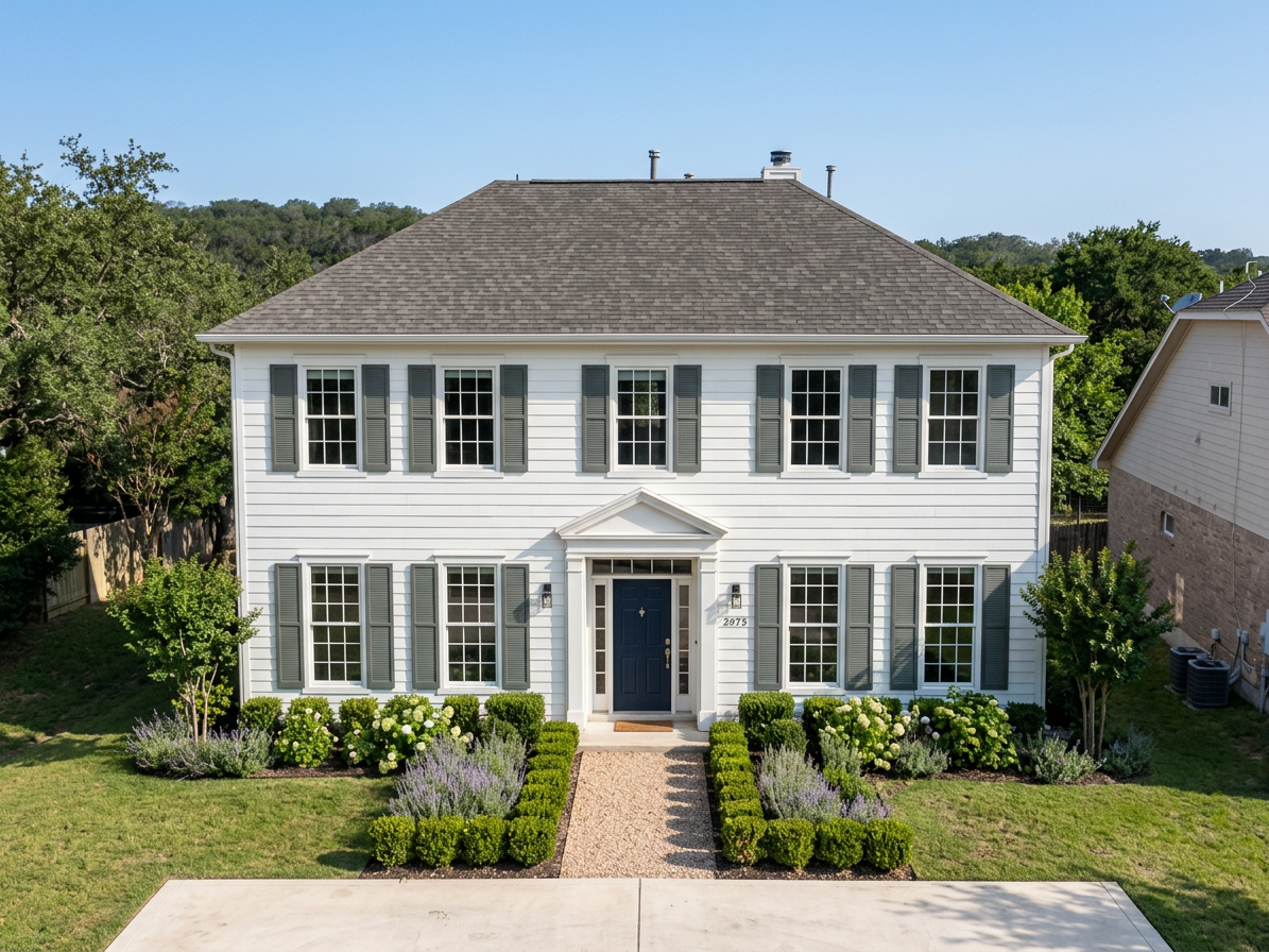 Colonial home with Weathered Wood roof -- Owens Corning Oakridge Driftwood (front)