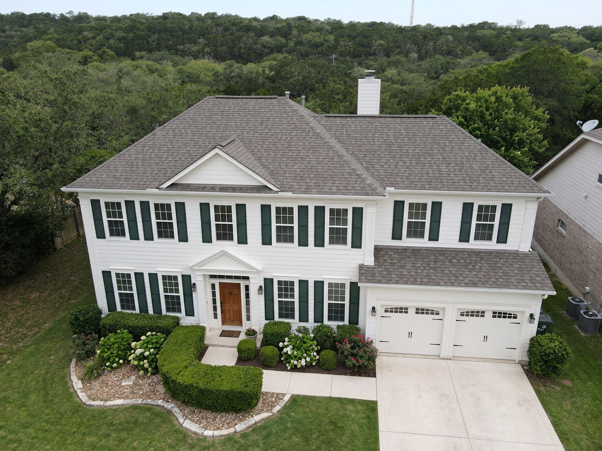 Colonial home with Weathered Wood roof -- Owens Corning Oakridge Driftwood (right-34)