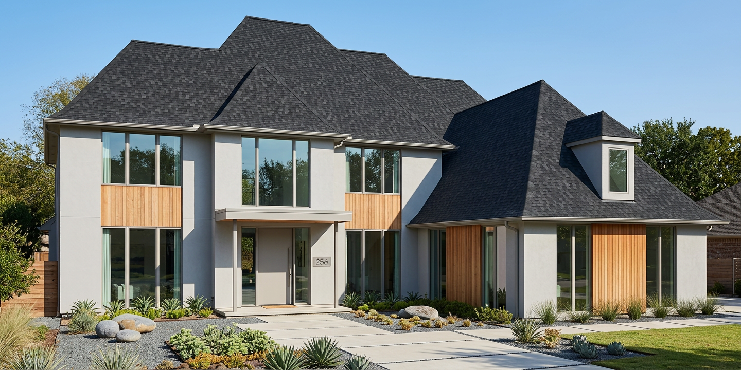Contemporary home with Black roof -- TAMKO Heritage Rustic Black (right-34)