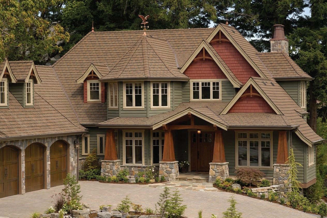 Craftsman home with Brown roof -- CertainTeed Grand Manor Brownstone (front)