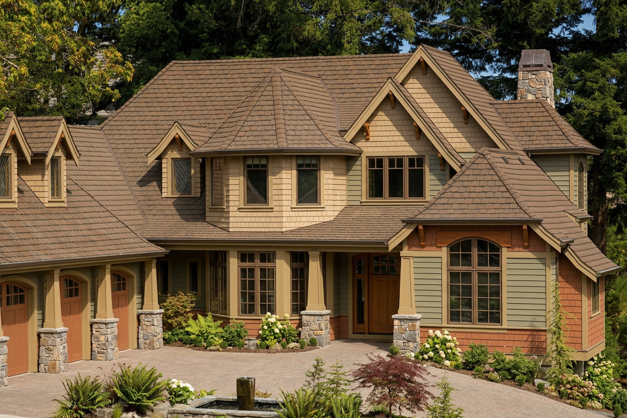 Craftsman home with Brown roof -- CertainTeed Grand Manor Brownstone (right-34)