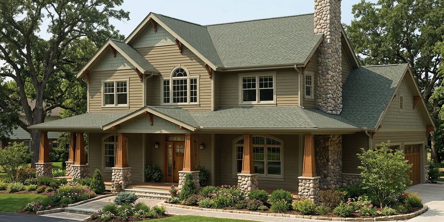 Craftsman home with Charcoal roof -- TAMKO Heritage Oxford Grey (left-34)