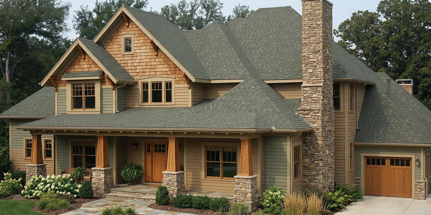 Craftsman home with Charcoal roof -- TAMKO Heritage Oxford Grey (right-34)