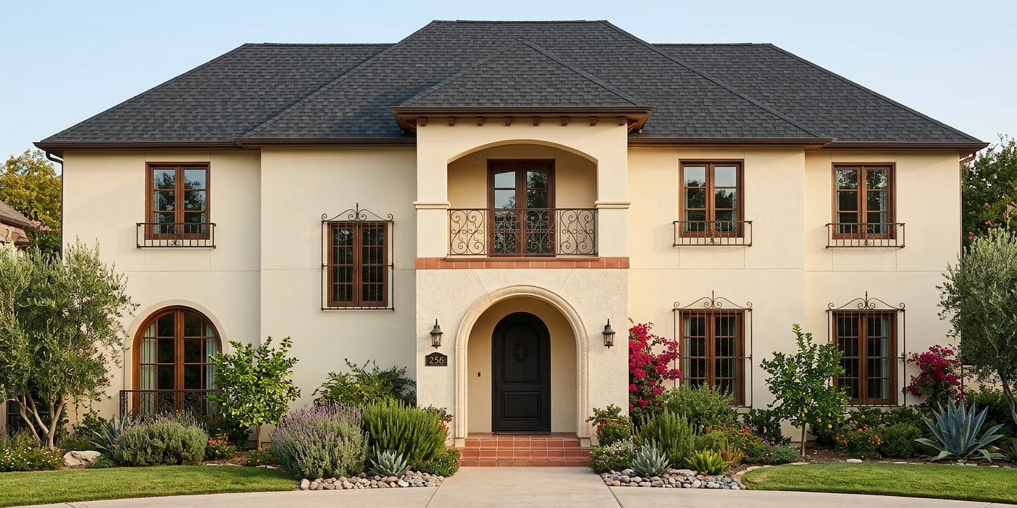 Mediterranean home with Black roof -- TAMKO Heritage Rustic Black (front)