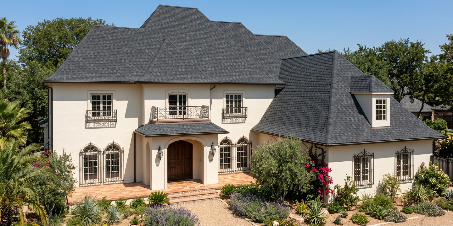 Mediterranean home with Black roof -- TAMKO Heritage Rustic Black (right-34)