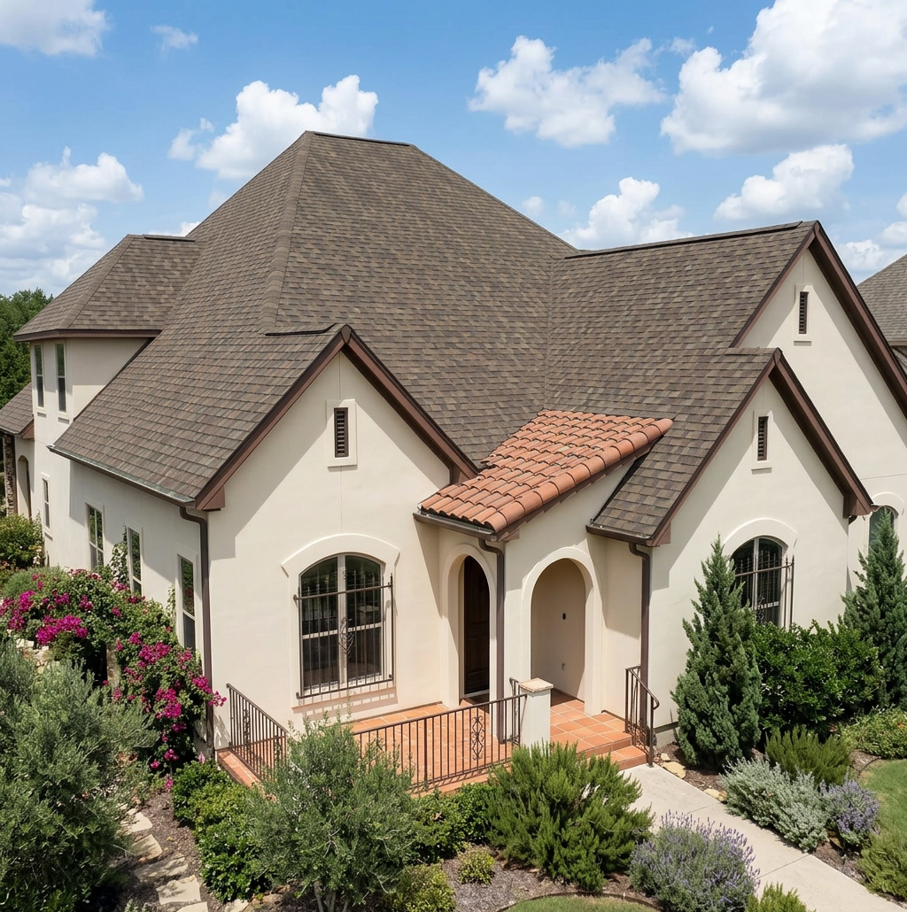 Mediterranean home with Charcoal roof -- IKO Dynasty Cornerstone WWD (left-34)