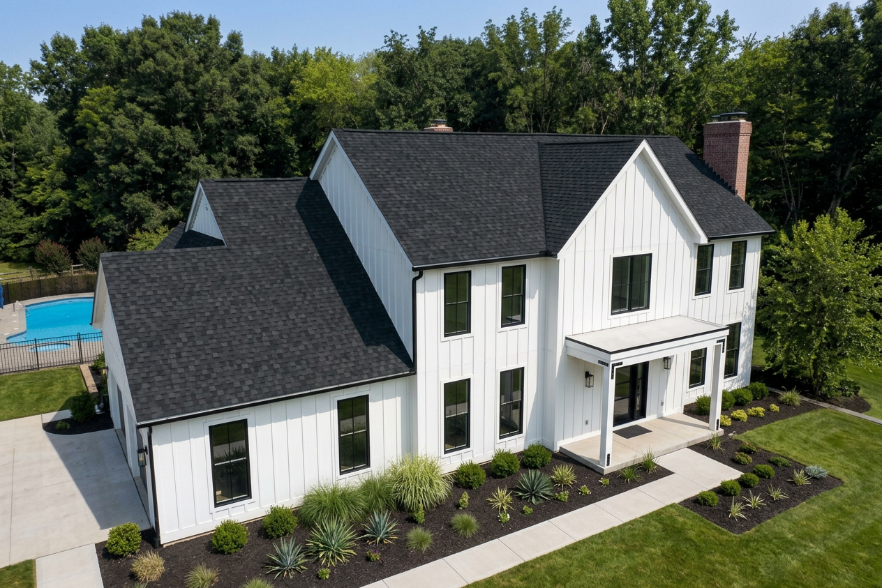 Modern Farmhouse home with Black roof -- IKO Dynasty Granite Black (left-34)