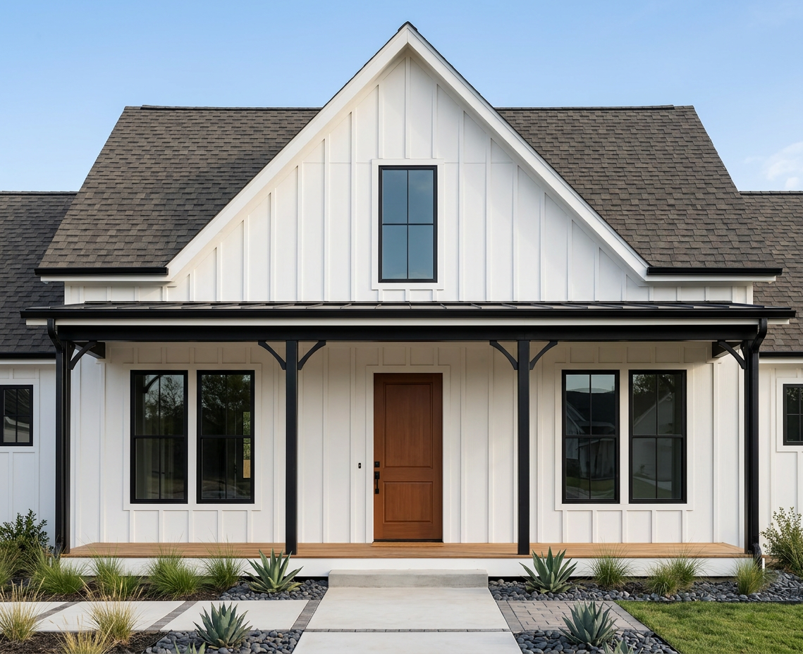 Modern Farmhouse with Brown roof