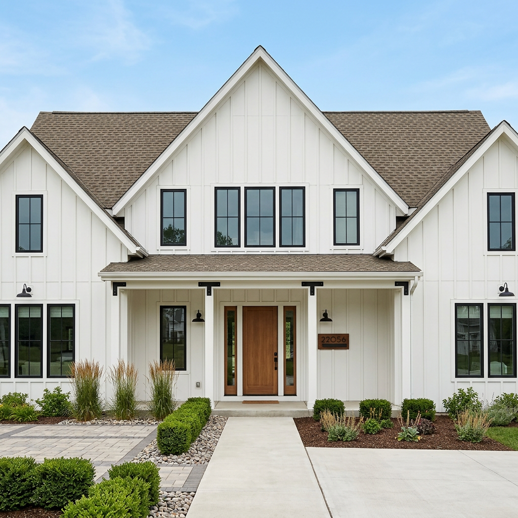 Modern Farmhouse home with Brown roof -- IKO Cambridge Beachwood (front)